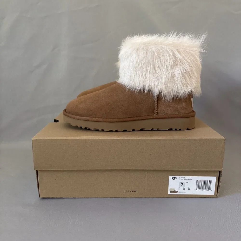 UGG Chestnut Suede Ankle Booties with Ivory Fur Cuff - Picture 5 of 12